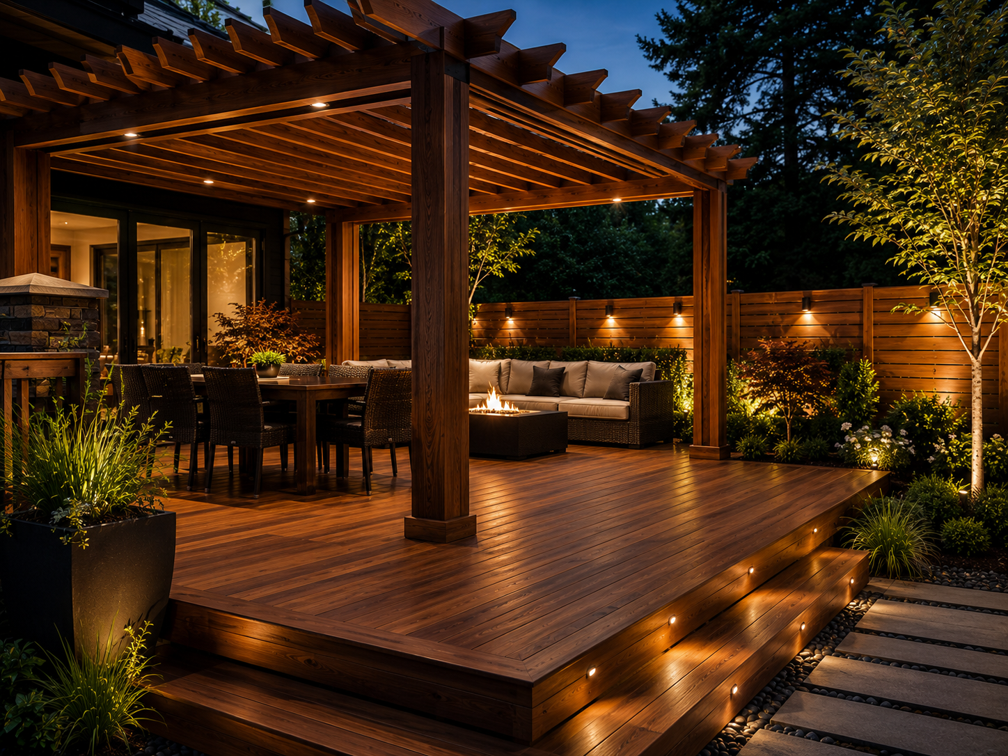 Hardwood decking and pergola 